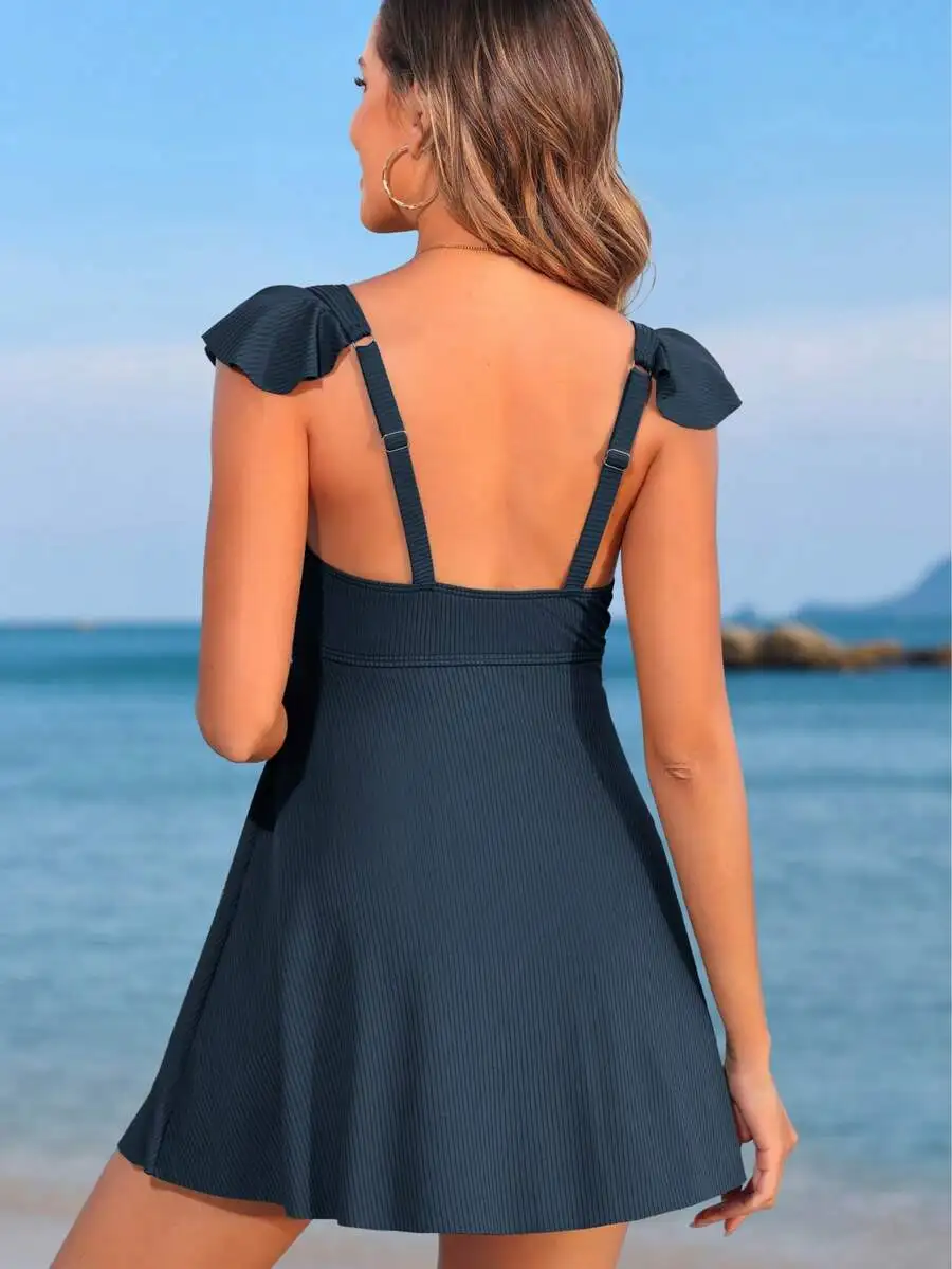 

Solid Color Twist Design Flutter Sleeve One-Piece Swimsuit
