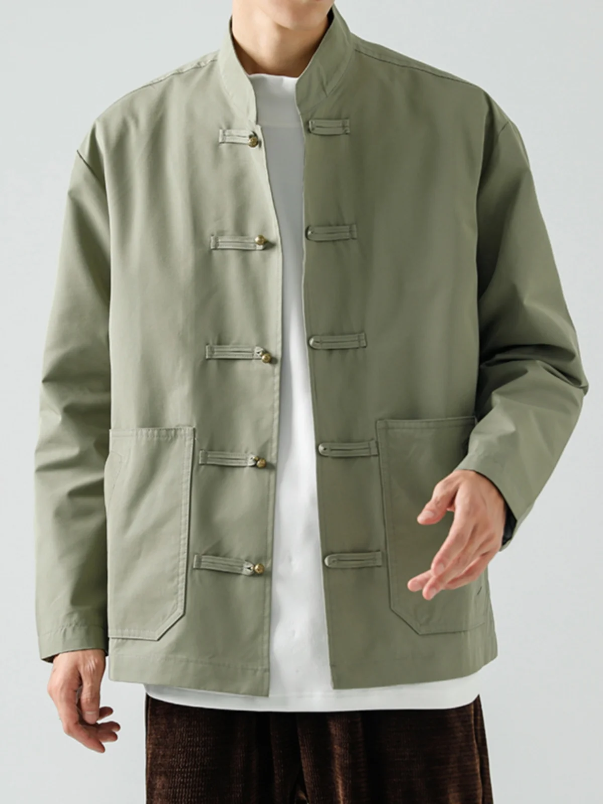 

New Chinese Sle Men's Casual Loose Jaet Turn-down Collar Spring Autumn Trendy Youth Outerwear Single Button Decorative
