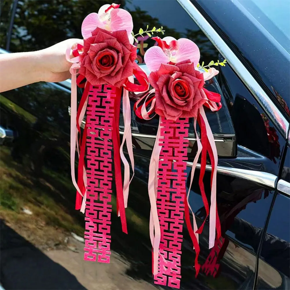 2Pcs Suction Cup Ribbon Wedding Car Flower Artificial Simulation Wedding Decoration Reusable Bowknot Bridal Car Decoration Home