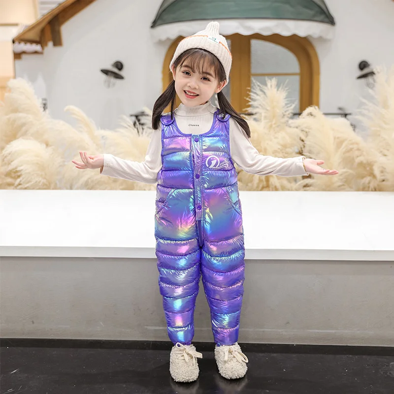 Winter Kids Down Warm Overalls Pants Autumn Girls Boy Thick Colorful Glossy Pants High Quality Baby Windproof Snow Jumpsuit 1-5Y