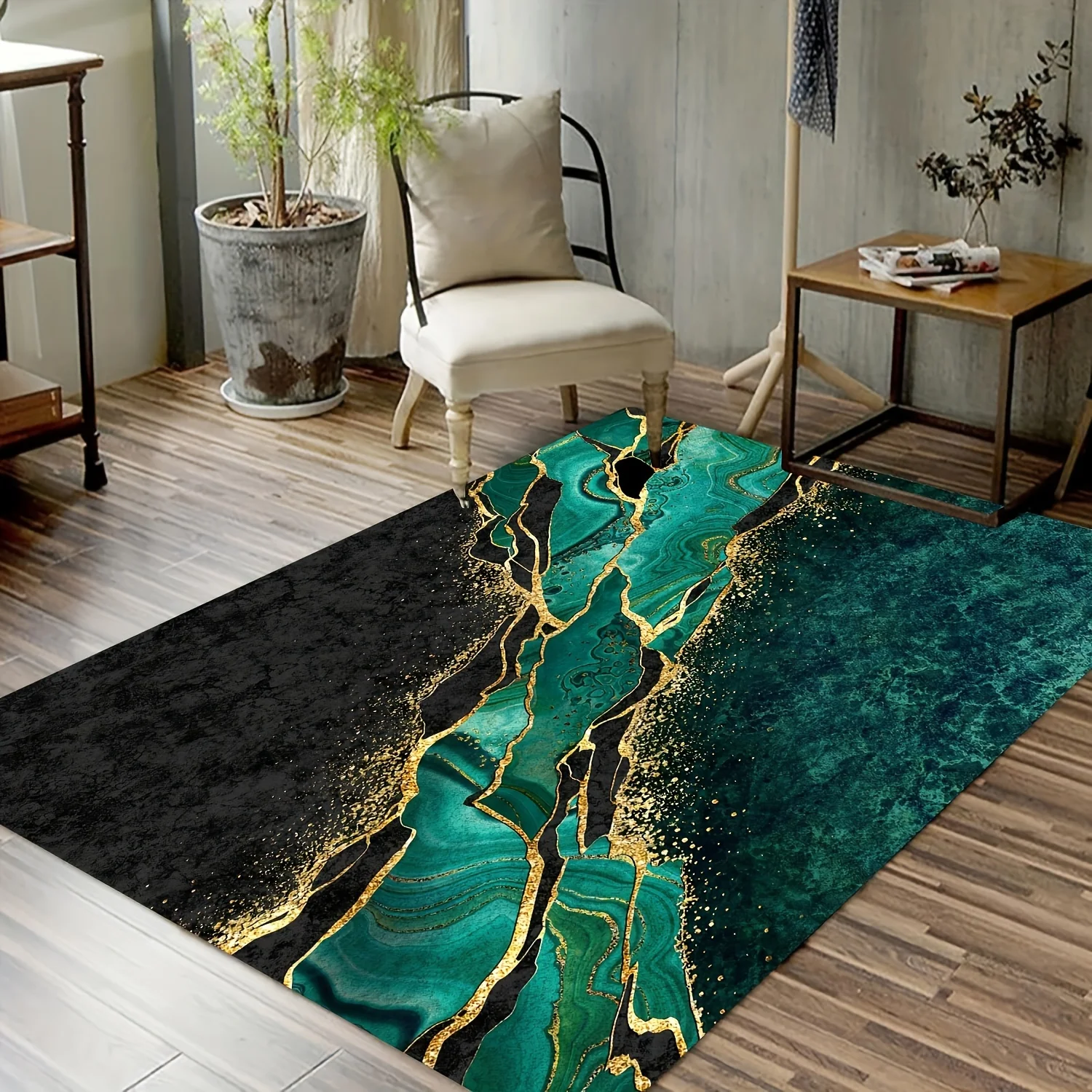 Emerald Green Element Rug Black Marble Print Floor Mat Carpet for Living Room Decoration Home Bedroom Household Dirt Resistant