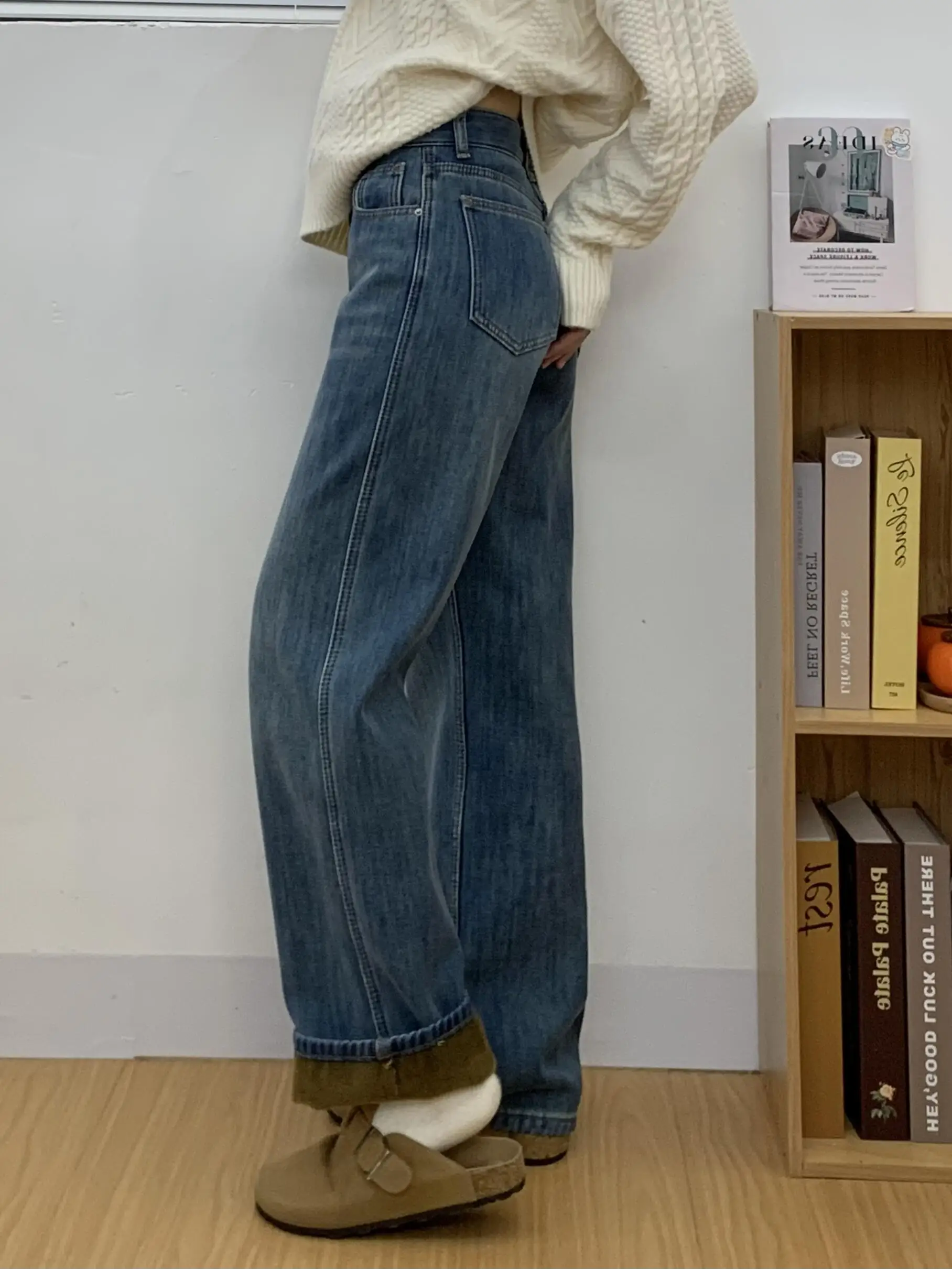 

Ретро-синие джинсы с флисовой подкладкой, широкие прямые штанины, женские, свободные, утепленные, с эффектом похудения, на зиму, теплые, комфортные