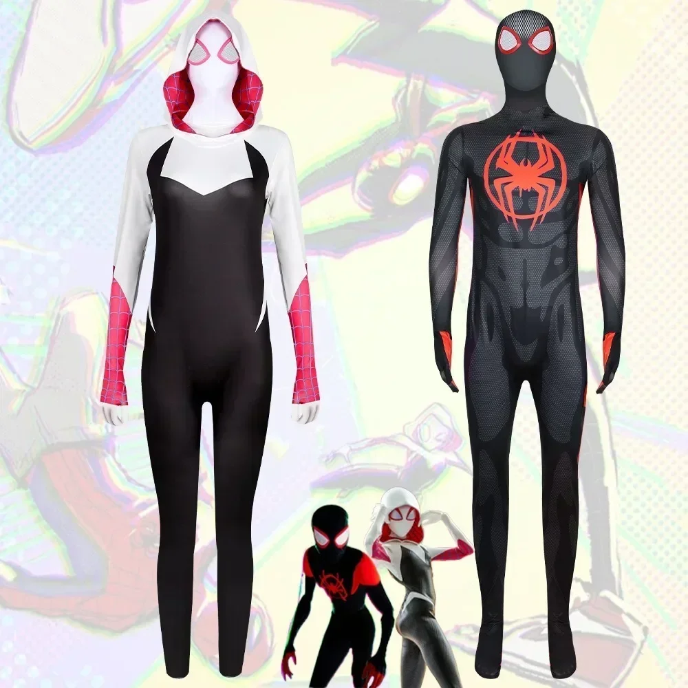 

Kids Adult Spiderman Jumpsuit Miles Morales Cosplay Costume Spider Man Into The Spider Verse Gwen Superhero Bodysuit Dress Up