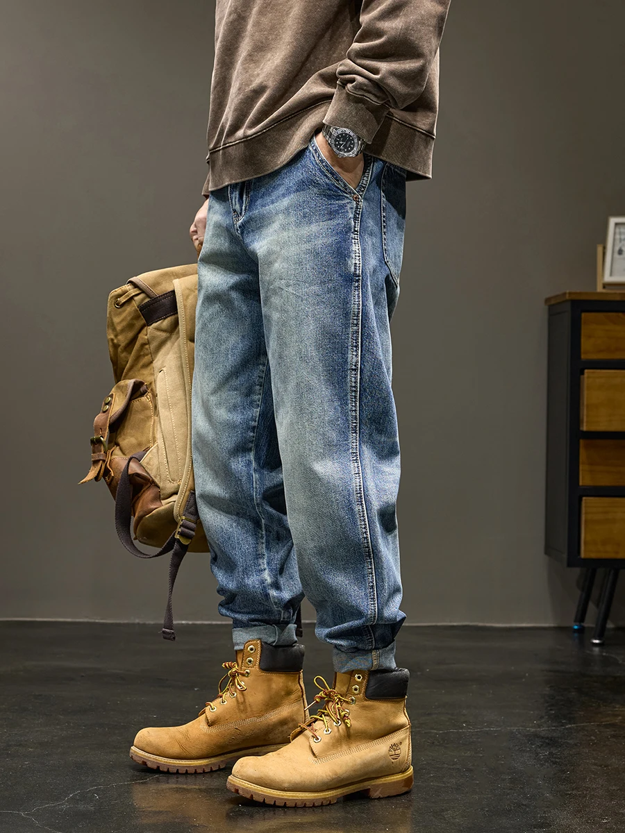 

Мужские джинсы прямого кроя на осень-зиму, свободные, винтажные, в американском стиле, ретро, с манжетами, длиной до щиколотки