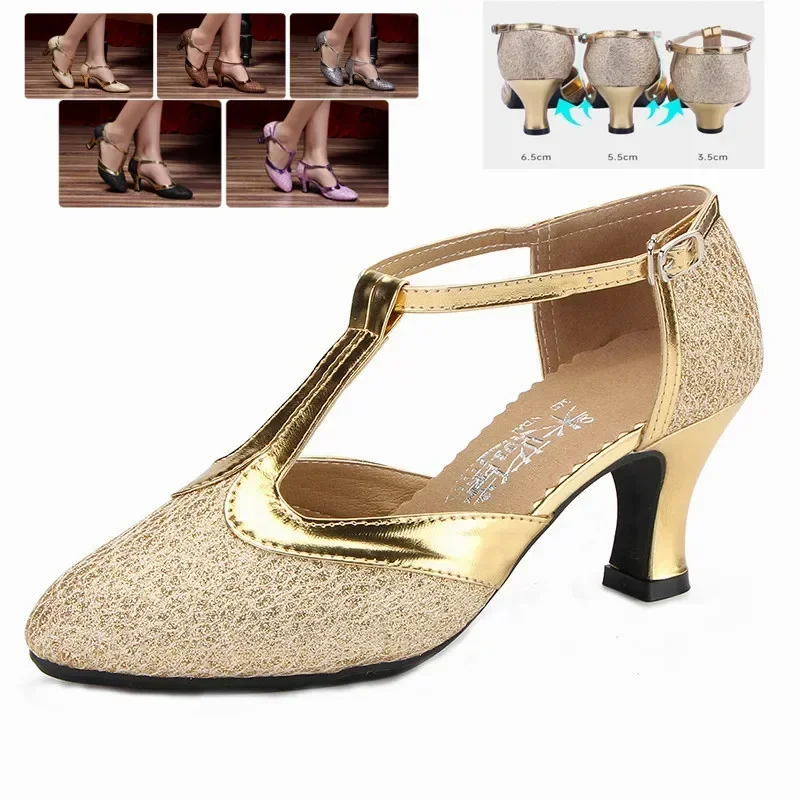 Women's Jazz Latin Salsa Dance Shoes 5.5cm High Heel Outdoor Rubber Sole Shining Piece Closed Toe Tango Ballroom Dancing Shoes