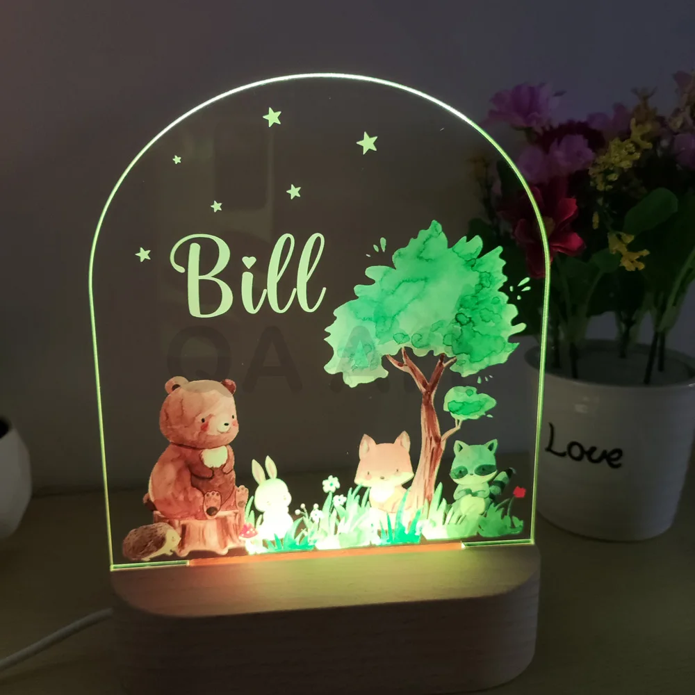 Personalizowana lampka nocna dla dzieci z motywem zwierząt, akrylowa lampka nocna z własnym imieniem, dekoracja do pokoju dziecięcego, prezent na urodziny, Boże Narodzenie dla noworodka