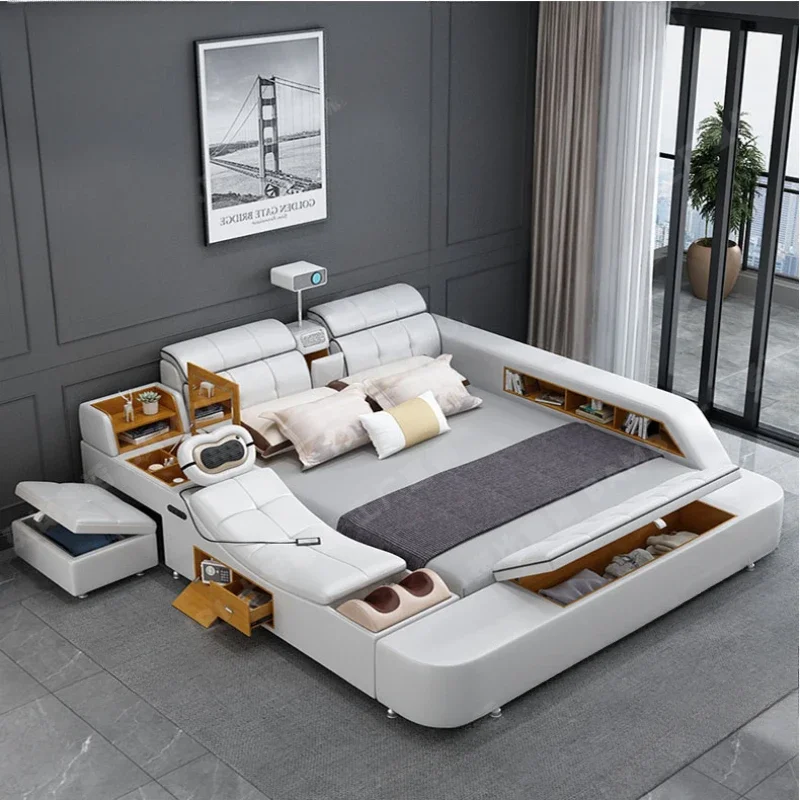 

Projector Tatami Bed Smart Dialogue Full Body Massage Leather Bed Multifunctional Double Smart Camas Bedroom Furniture