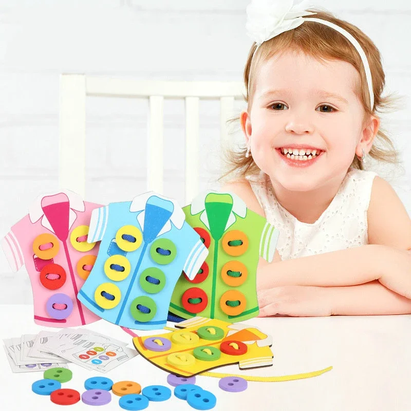 Juego de mesa Montessori con cuerda y botón para niños, juego de Educación Temprana, cordones de madera, juguetes de vestir, aprender habilidades básicas para la vida