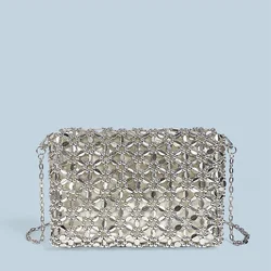 New silver shiny hand woven bead small square bag, banquet pearl hollow crossbody bag