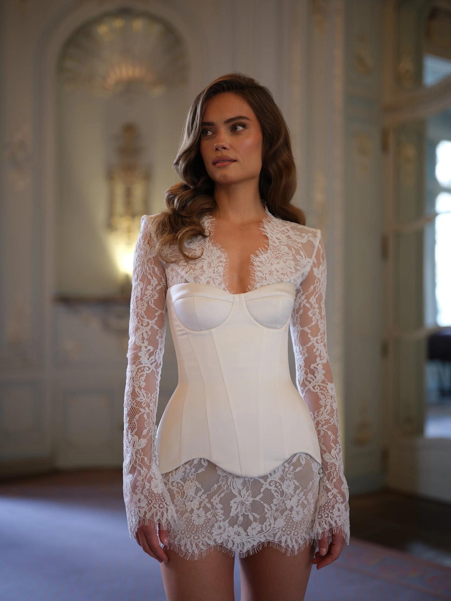 2026 Customized Exquisite Lace Unique Wedding Dress White Long Sleeves vestidos de noche Lace-Up Back Mini After Party Gown