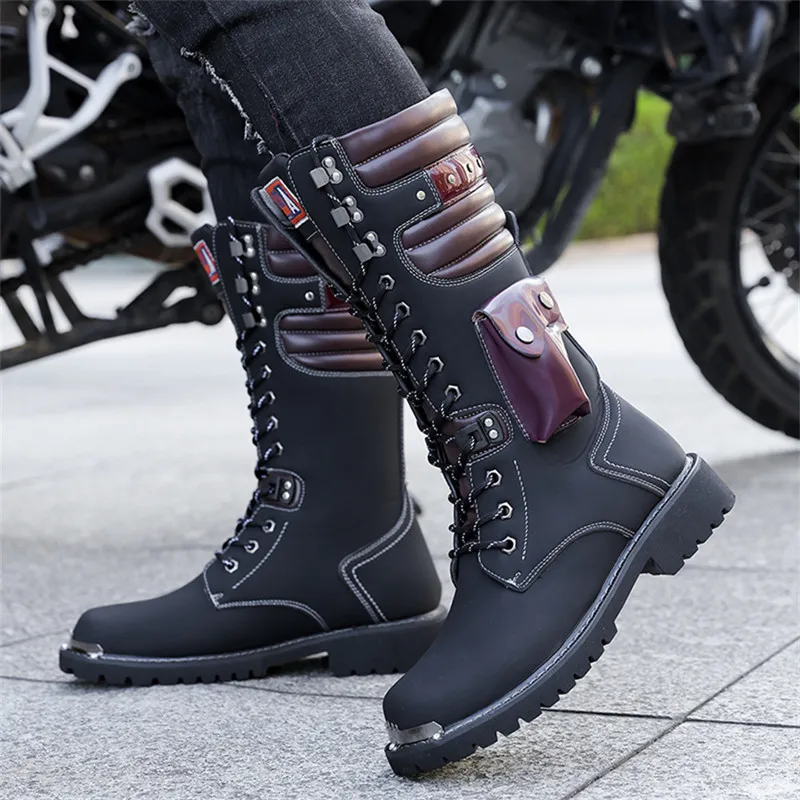新しいメンズハイカットバイクブーツ秋冬ファッションアウトドア耐衝撃性滑り止めソフトソールカジュアルレザーブーツ