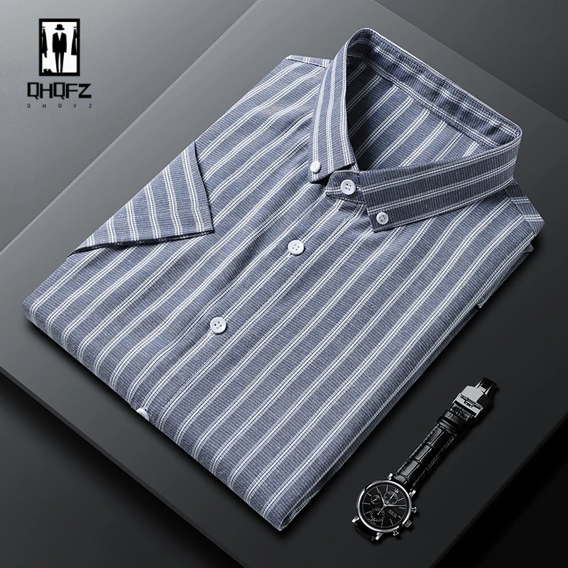 Camisa de algodón con solapa de manga corta para hombre, Top informal a rayas, cómodo, sin planchado, resistente a las arrugas, moda de verano, nuevo