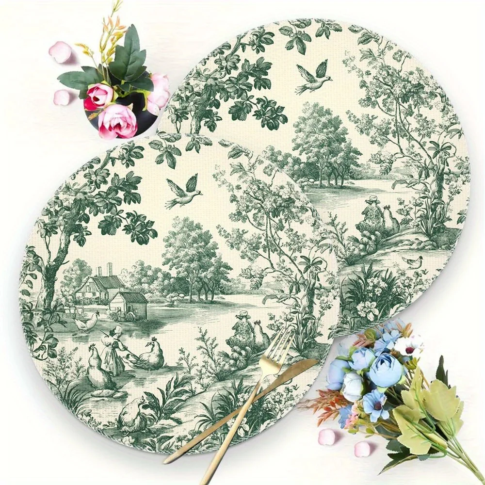 VIKAMA Christmas Tablecloth Round Placemat Green and White Two-Tone Placemat Holiday Table Decor Kitchen Party Buffet