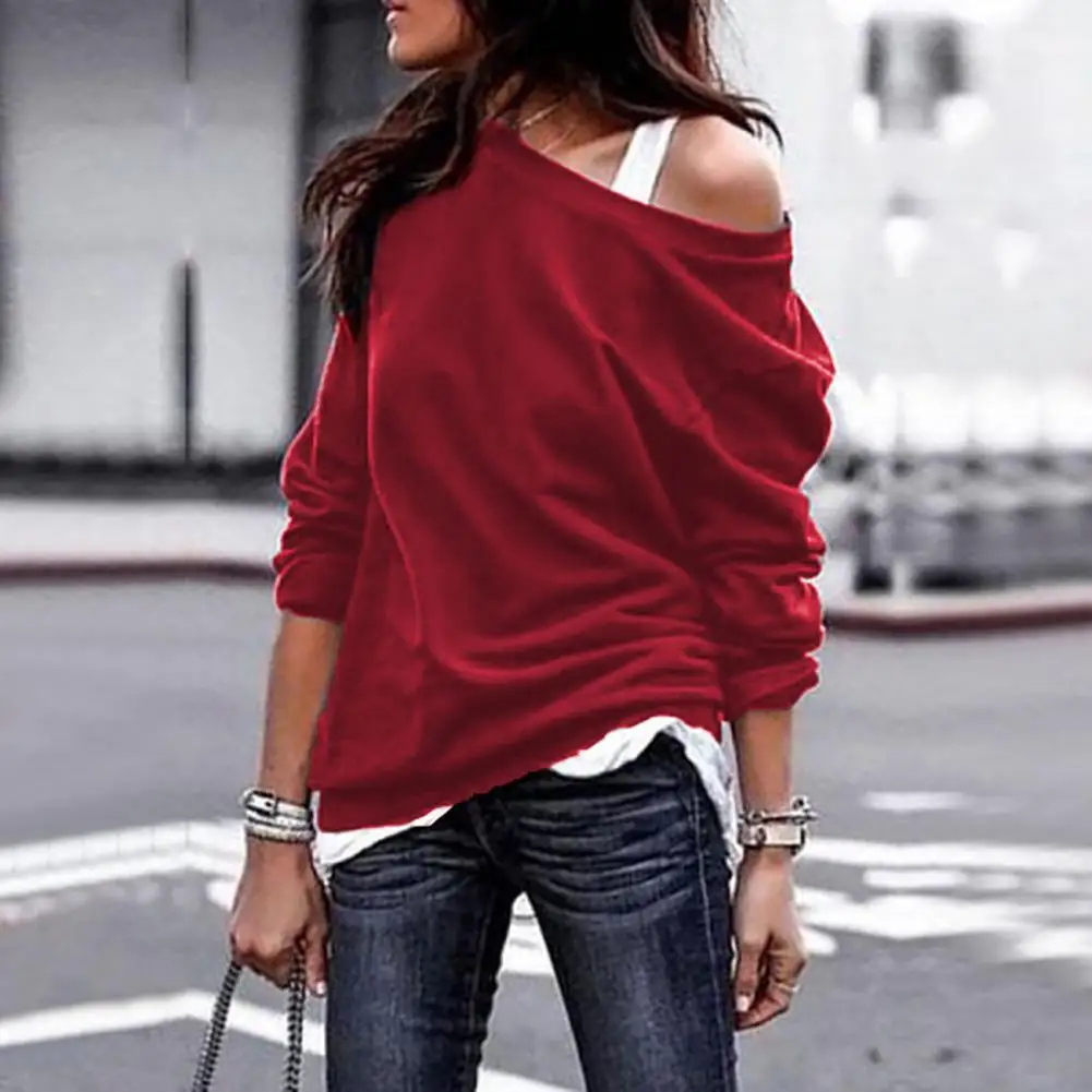 2024 Fashion One Shoulder Loose T-shirts Pullover Sexy Off Shoulder Women T-Shirt Autumn Long Sleeve Top Casual Solid T-Shirts