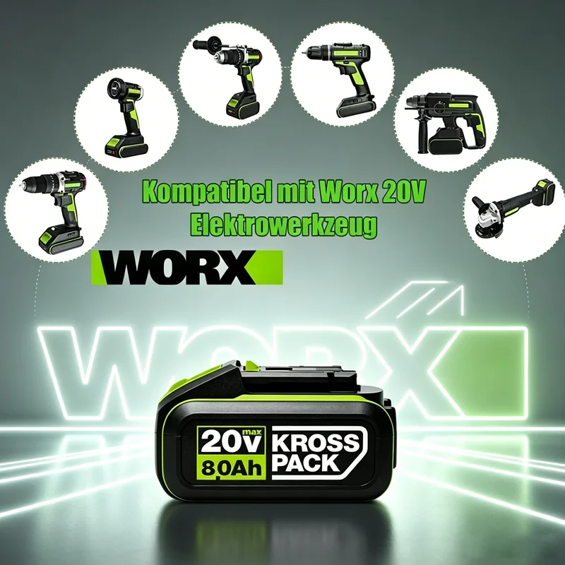 100% Orginal WORX Green 5-Pin Battery 20V 6.0 Ah/8.0 Ah Li-ion Battery Charger Suitable for Worx ROCKWELL Products Power Tools