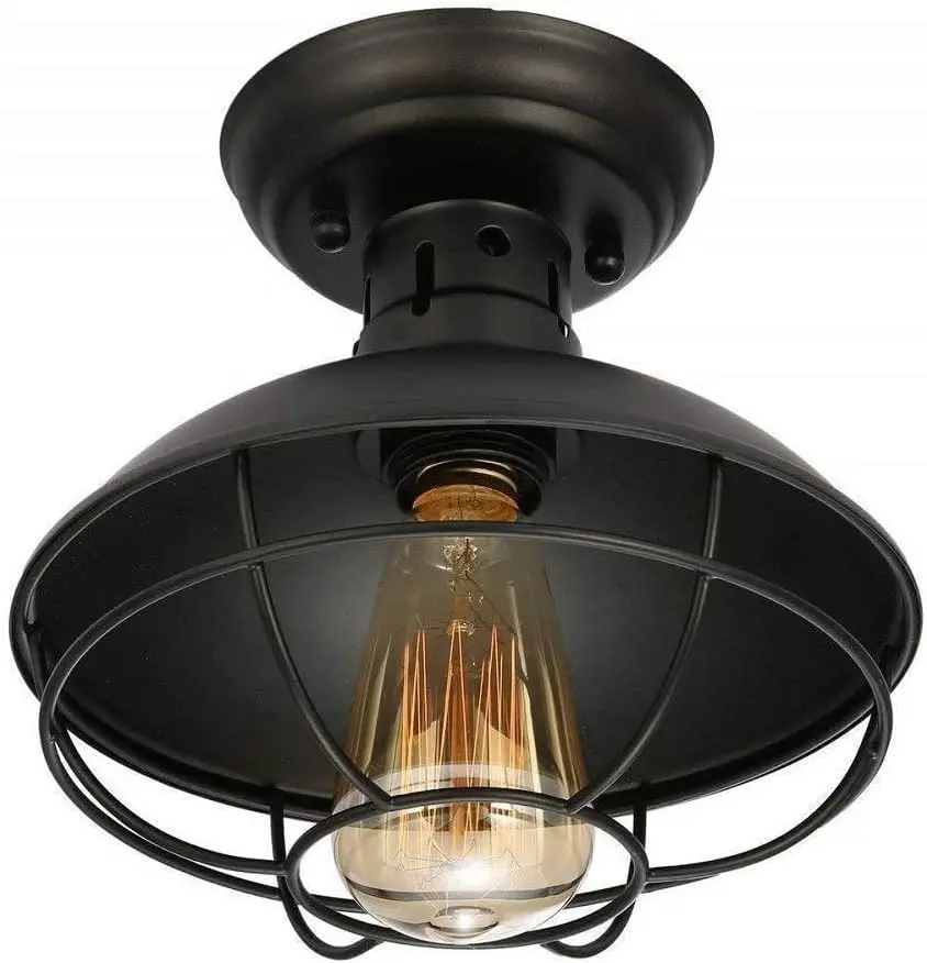 Vintage Black Semi Flush Mount Ceiling Light,Industrial Ceiling Light Fixture E26 Base,9 Inches Farmhouse Cage Close to Ceiling Light Fixture for Hallway Stairway Kitchen Entryway Foyer Porch Lamp