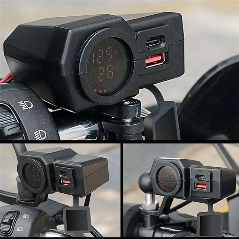 Better-USB Socket Motorcycle Handlebar & Rear Mirror Waterproof Fast Phone Power Adapter Digital Voltmeter Thermometer
