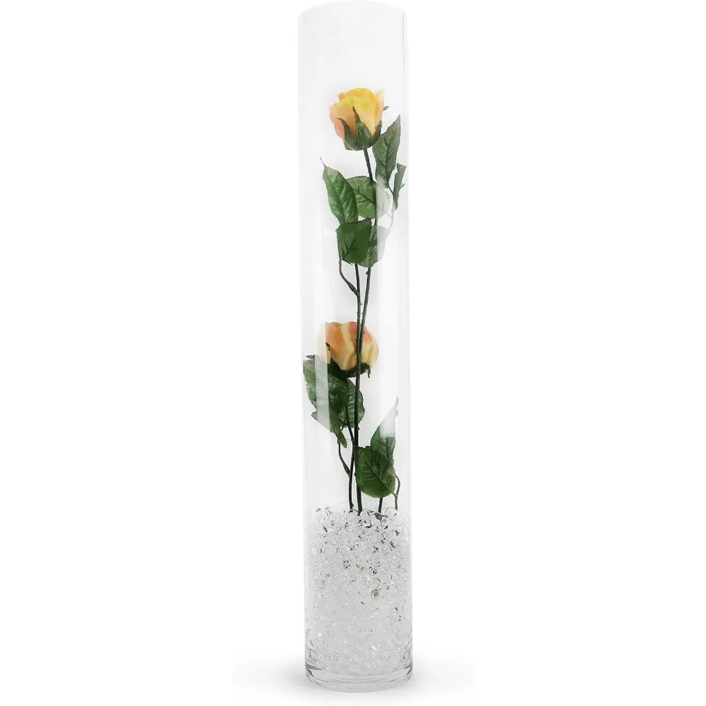 Highly transparent cylindrical glass vase, 4 inches wide x 24 inches high, featuring decorative floral tabletop displays