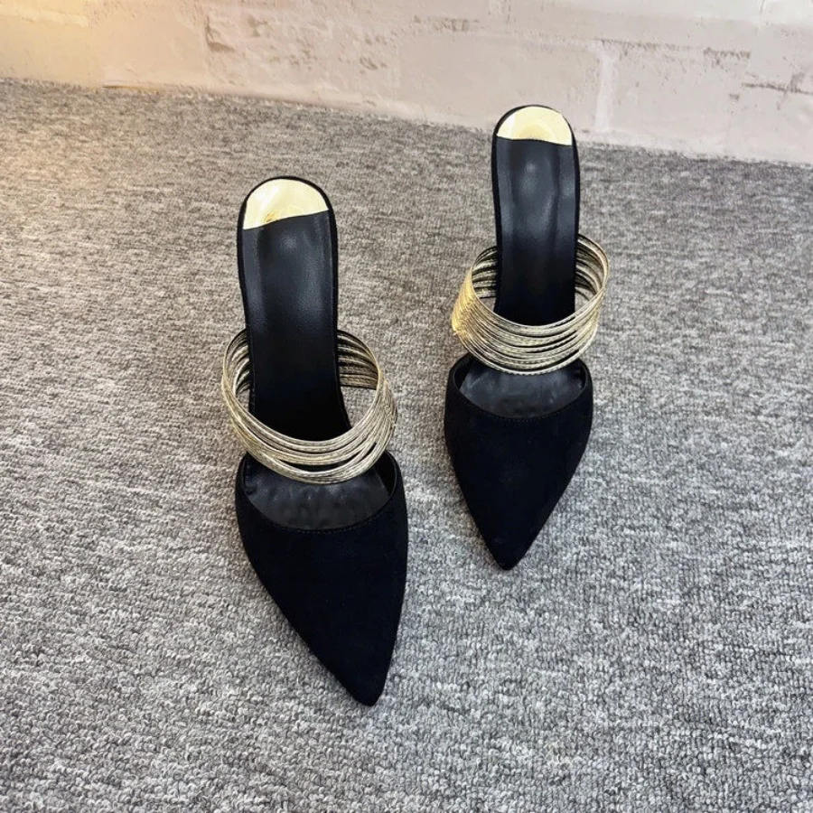 

Sexy Suede Pointed Toe Stiletto High Heels Mules Women's Black Brown Red Gold Multi Layer Ankle Strap Super Party Dress Shoes