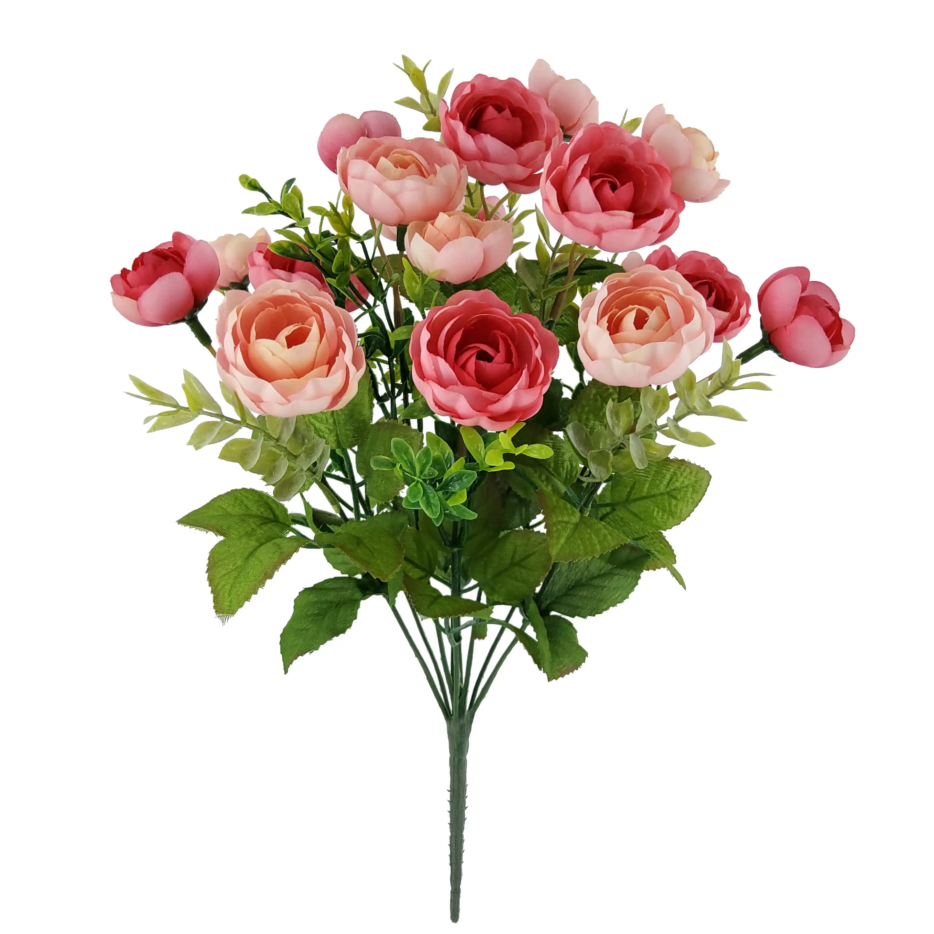 17in Indoor Artificial Mini Ranunculus Bush with Leaves, Orange Color.