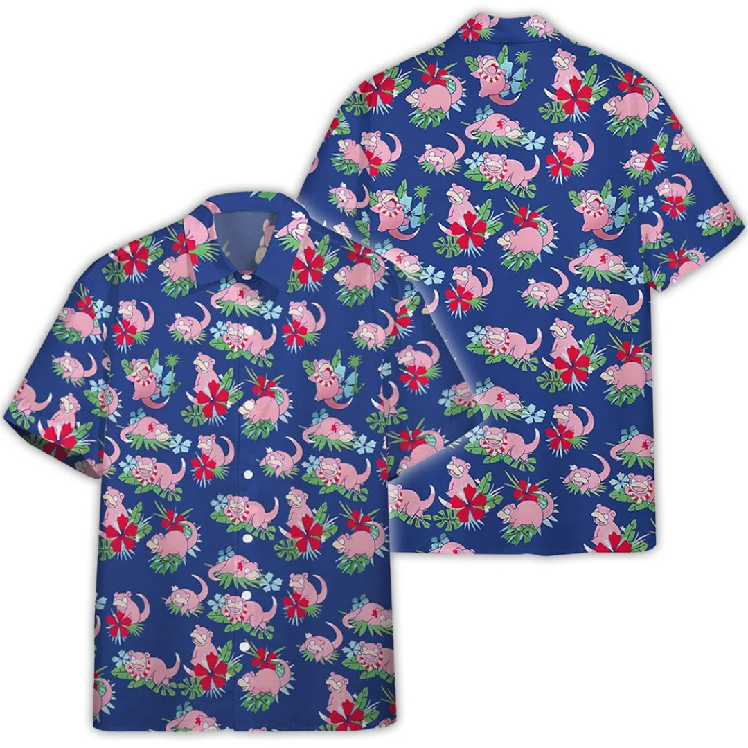 

Pokemon Slowpoke Pink Button Shirt Blue Generation Hawaiian Shirts Summer Sports Leisure Men's T-Shirt Kid's Clothing Tee Woman