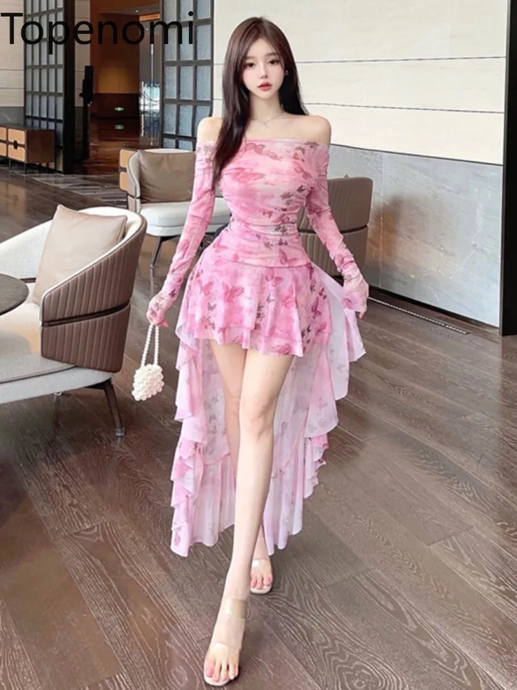 Topenomi Evening Gown Women Dress French Sweet Print One Shoulder High Waist Irregular Ruffles Graduation Cocktail Party Dresses