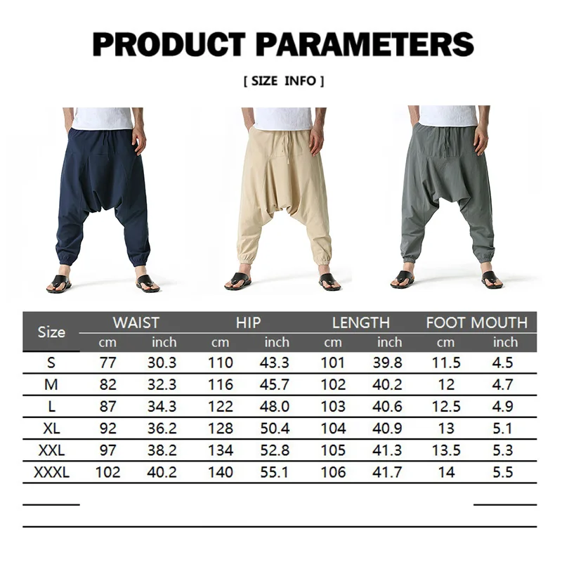 Men Cotton and Linen Pants Harem Pants Baggy Casual Oversize Loose Joggers Wide Leg Pants Yoga Drop Crotch Trousers Hip Hop