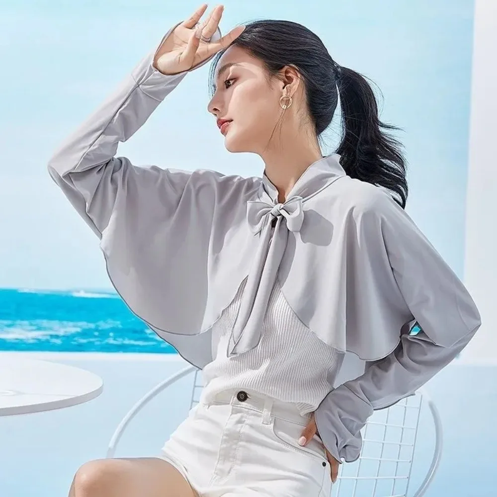 Haut court Ultra-fin à manches longues avec nœud papillon, Anti UV, manches de protection solaire à séchage rapide, couvre-bras, couleur unie, châle en soie glacée pour l'extérieur