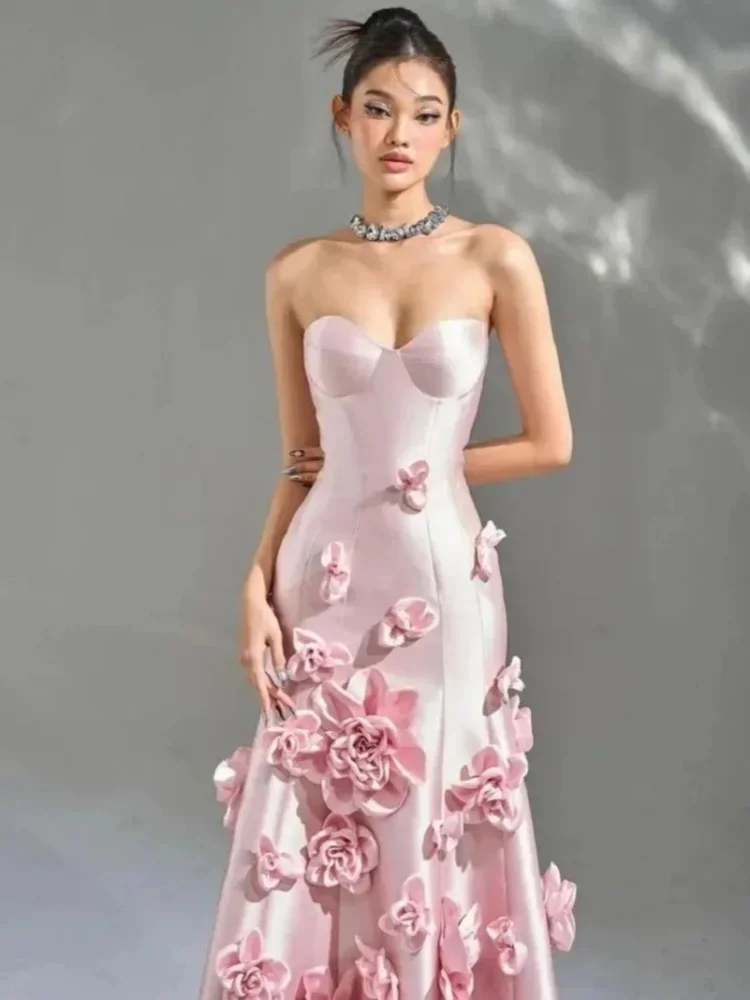 Customized Sexy Strapless Women\'s Prom Dresses Flower Asymmetric Folding Satin Cocktail Party Dress Birthday Dress Luxury 2024