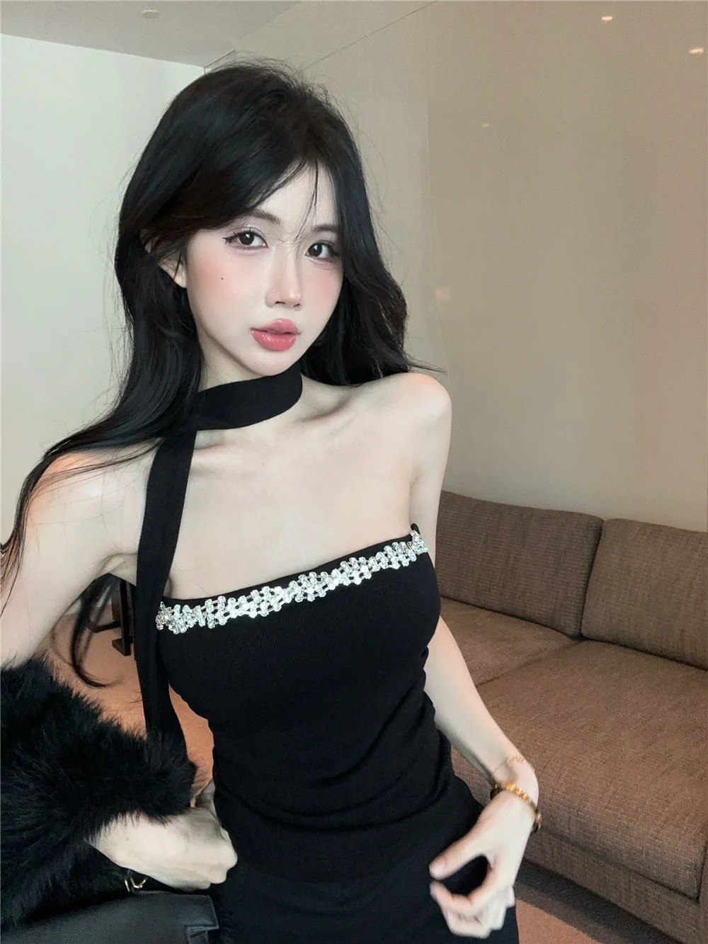 French sle Fashion Hot Drilling Tube Top Ribbon Vest Women 2024 Autumn and Winter With Chest Pad Slimming Slim fit Inner we...