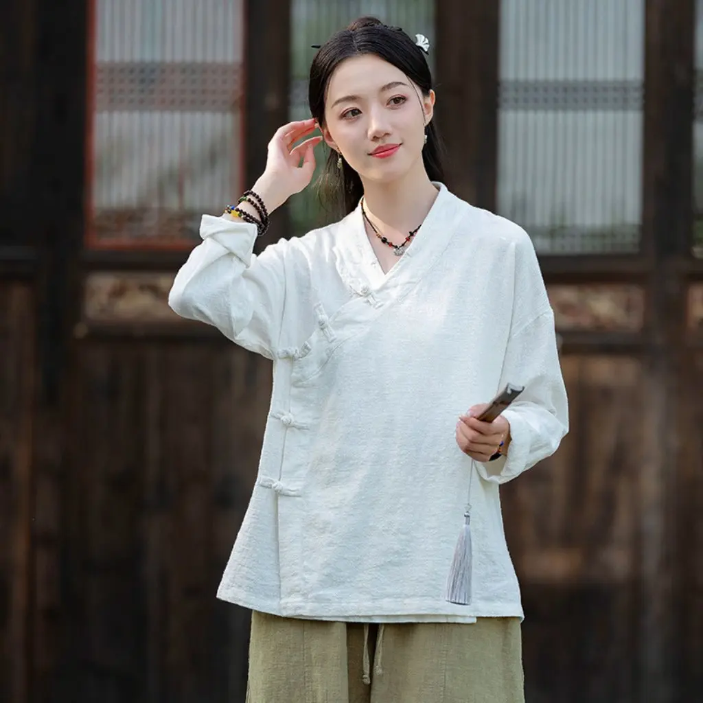 

Осенняя хлопково-льняная рубашка с длинными рукавами для женщин, ретро китайский стиль, на пуговицах, с косыми лацканами, дзен, одежда Layman, топ в чайном стиле