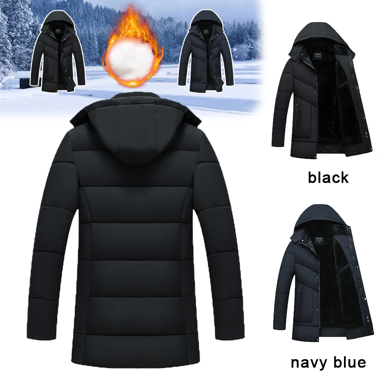 2023 Men's Middle-aged Winter Black Cotton Padded Jacket Plush Warm Hooded Jacket Black Casual Loose Middle Long Windproof Coat