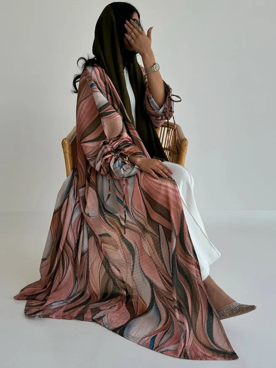 

Muslim Women Arabic Dubai Abaya Chiffon Pleated printing Kimono Cardigan Long Dress Cuff Drawstring Robe Femme Islam Clothing