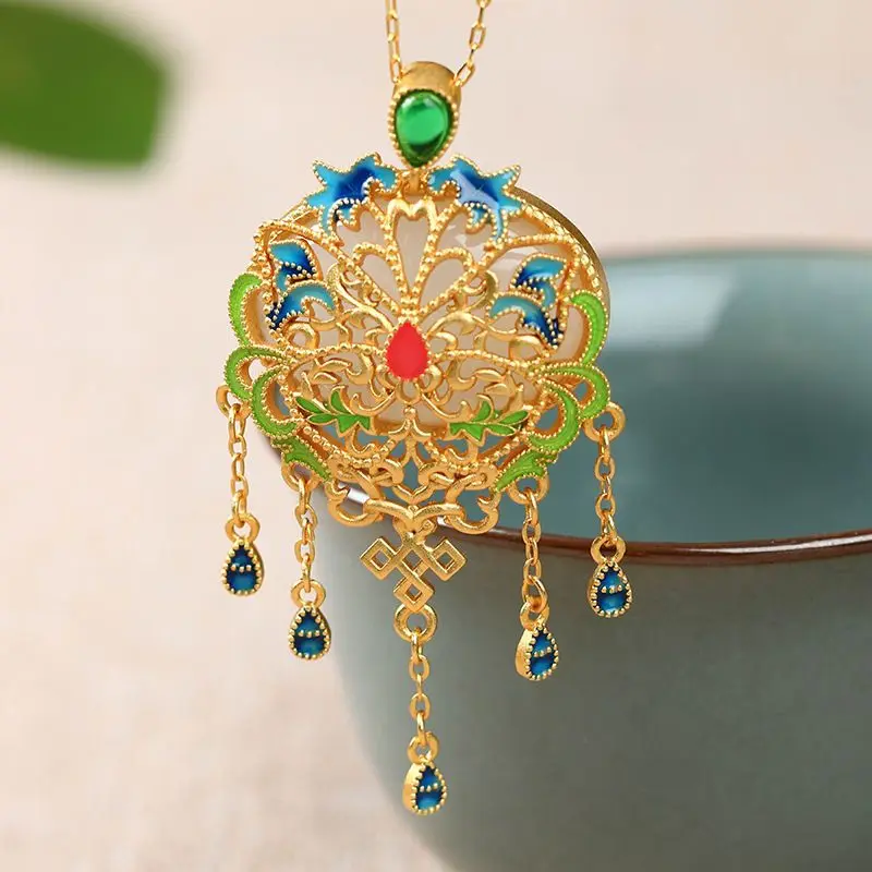 

Ancient gold craftsmanship natural chalcedony butterfly tassel necklace Ruyi enamel pendant new palace style ladies jewelry