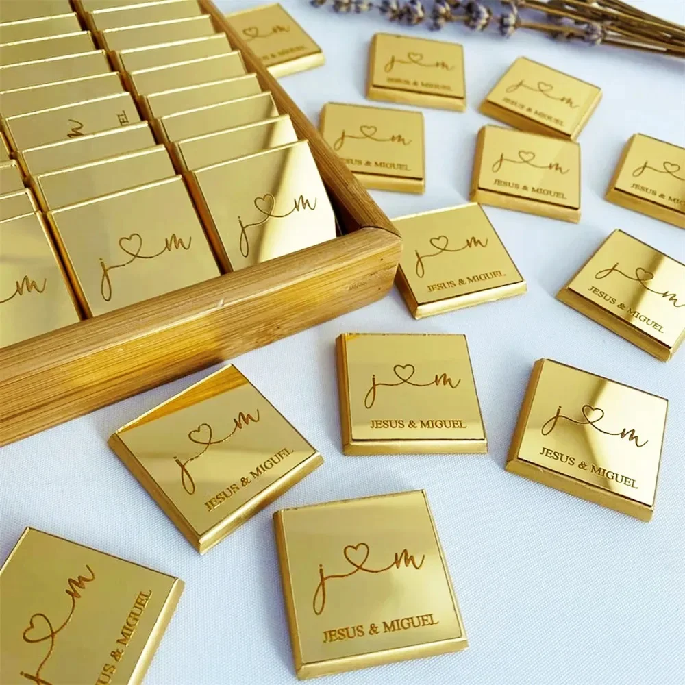 25Pcs Personalized Square Chocolate Decoration Acrylic Gold Mirror Hang Tag Wedding Party Gift (No Chocolate, No Ribbons)