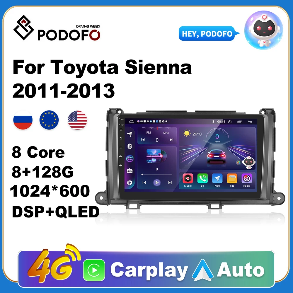 

Podofo Wireless CarPlay Andorid Auto Car Radio For Toyota Sienna XL30 2010-2014 AI Voice Multimedia GPS 2din autoradio