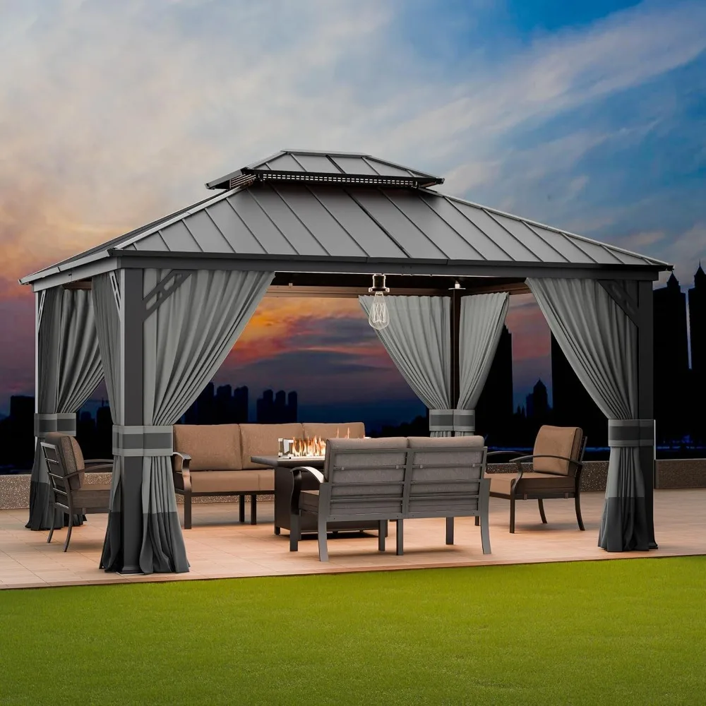 Factory Direct 2026 12x14ft Hardtop Gazebo, Steel Pergola, Double Roof, Mosquito Net, Curtains, Grey