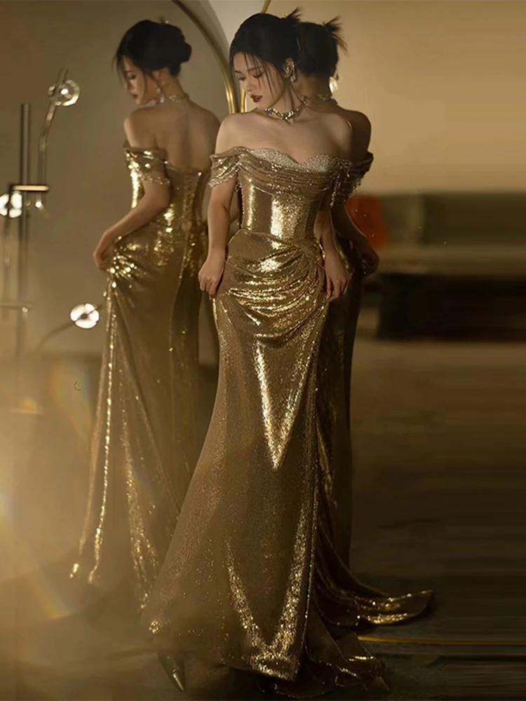 

Gold Sequin One oulder Evening Gown for Wedding Engagement Toast Host Long Dr Ele Sle mid Waist Fi Tail Skirt