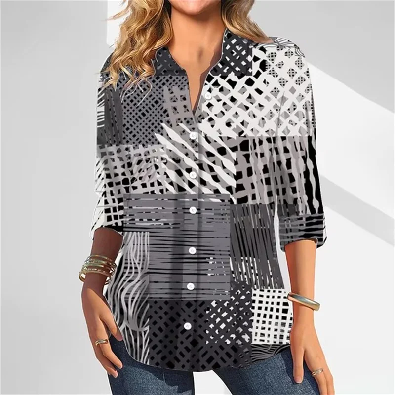 Women's Shirt Elegant Fashion Long Sleeved Personalized Trendy Style Printed Pattern Lapel Button Up Shirt Tops For Women Blouse