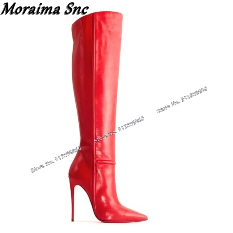 

Moraima Snc Red Pointed Toe Side Zipper Boots for Women Knee High Boots Solid Stilettos High Heels Fashion Runway Shoes on Heels