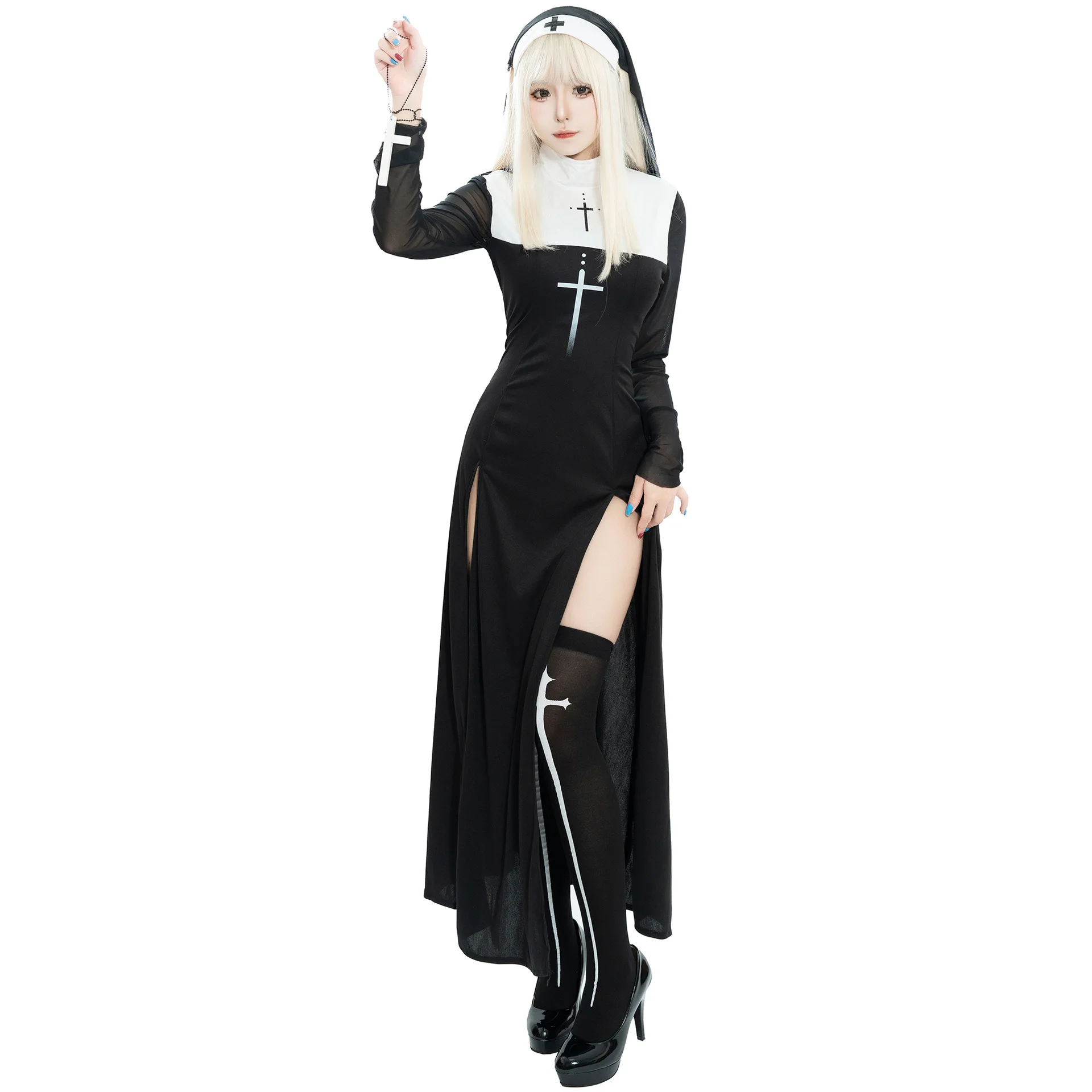 

Cross Accented Nun Cosplay Costume Maria Halloween Religious Outfit Ideal for Role Play Halloween EventsThemed Parties