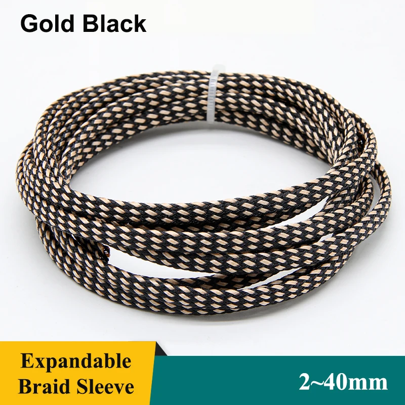 1~50m Gold-Black PET Braid Sleeve 2/4/6/8/10/12/14/16/20/40mm High Density Insulated Wire Protector Snake Skin Cable Wrap Sheath