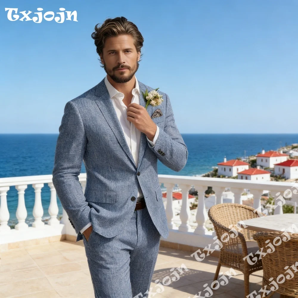 

Hot Sale Coastal Blue Linen 2PCS Suit Notch Lapel Slim Fit Jacket Pants Airy Fabric Best For Outdoor Parties Beach Weddings