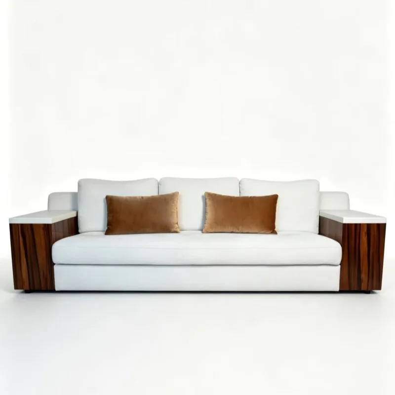 Linen fabric three-person living room solid wood armrest static luxury sofa
