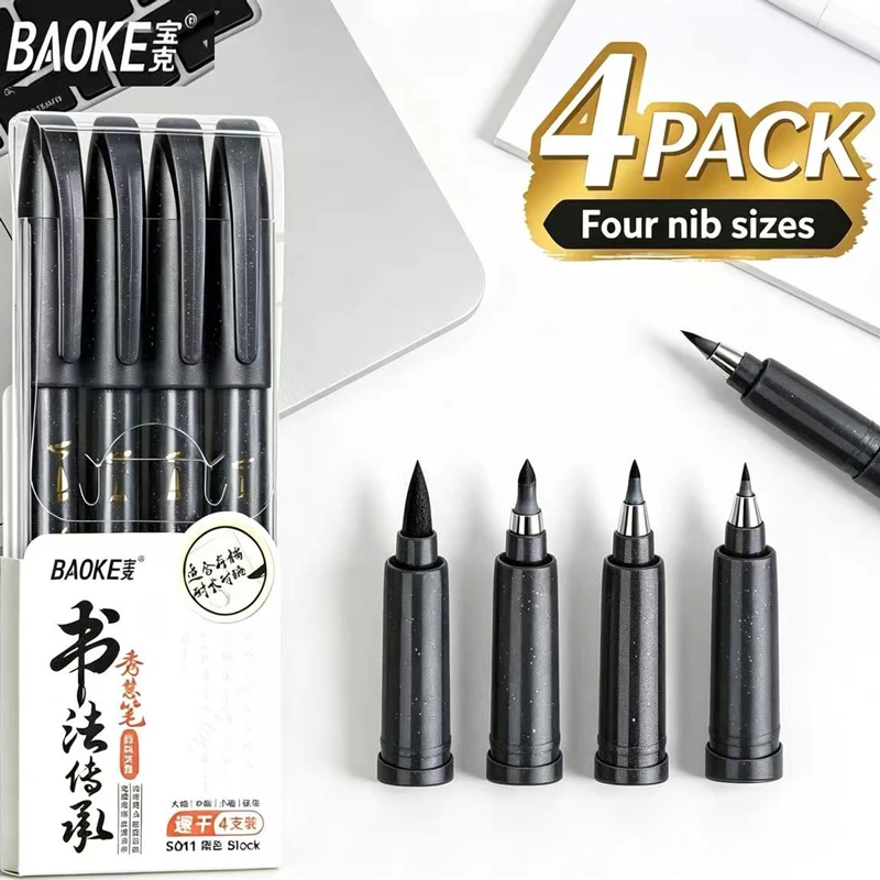 BAOKE 4-Size Calligraphy Pen Set for Writing, Hand Lettering, Black Ink Brush Markers Sketching Calligraphie Art Supplies Artist