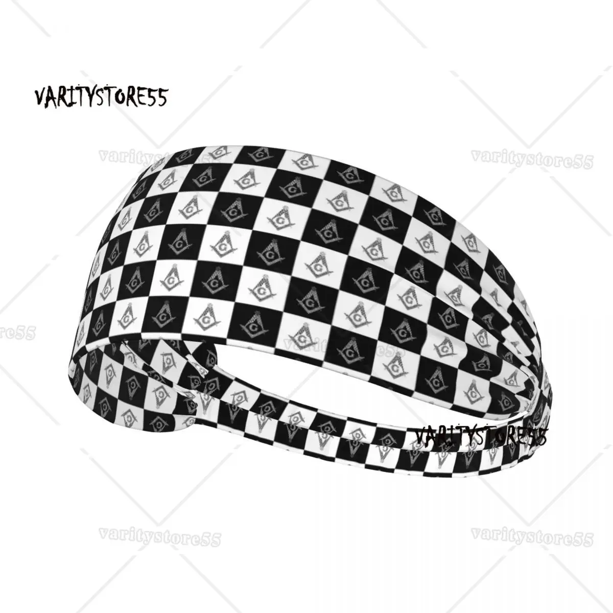 

Custom Black And White Masonic Freemason Checkered Pattern Sports Sweatbands for Cycling Absorbent Headband Men Women