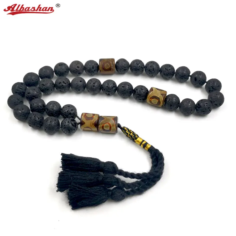 Black Tasbih Men Big size lava stone turkish prayer beads muslim bracelet Natural volcanic Adha Eid gift islamic accessories