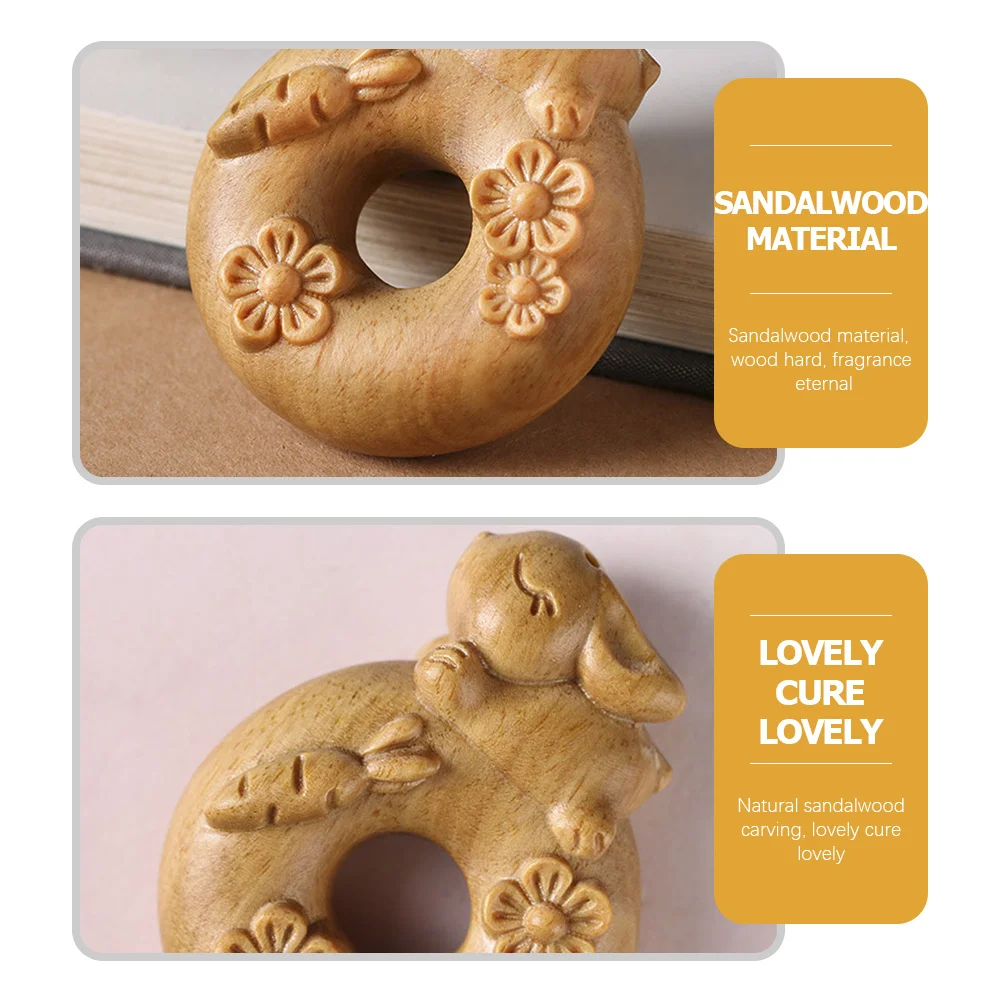 

Wooden Carved Doughnut Pendant Sandalwood Rabbit Sculpture Keychain Decor Vintage Style DIY Wooden Doughnut Charm Hanging