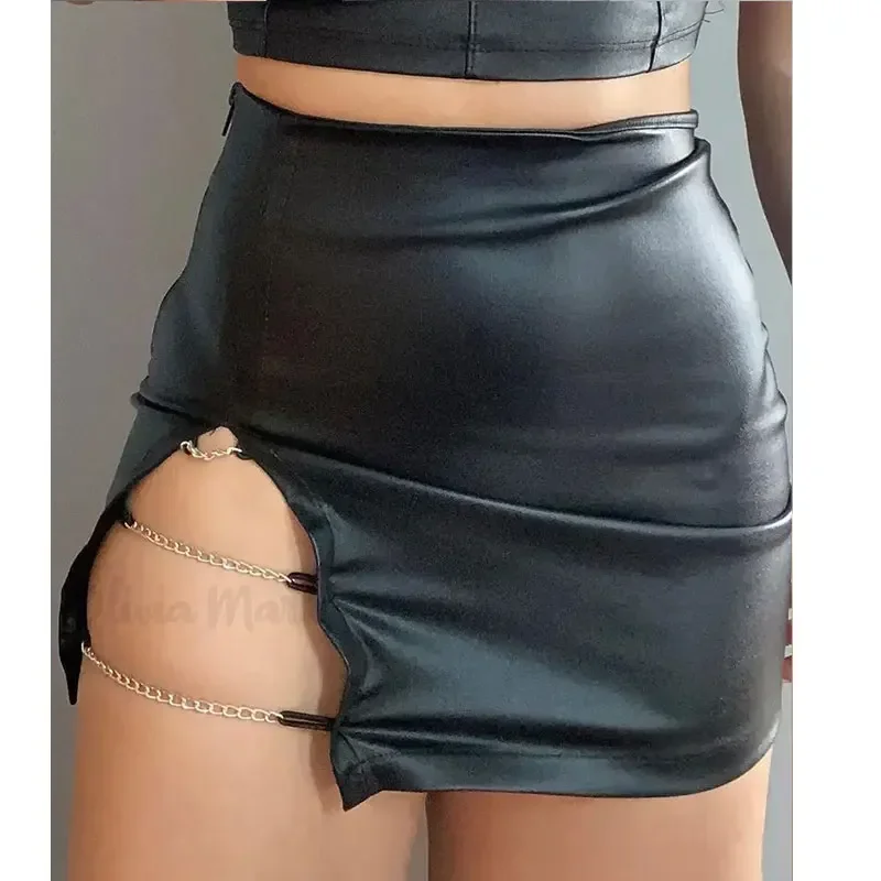 

Women Black Matte Leather Mini Skirts Ladies Stretch PU Skirts with Chain Sexy Slim Wrap Hip Skirts Party Clubwear Custom New