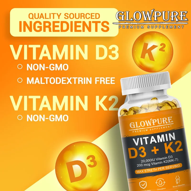 Vitamin D3 K2 Capsule - 20,000 IU Vitamin D3 Promotes Strong Bones, Calcium Absorption, Teeth, Heart, Cardiovascular Health